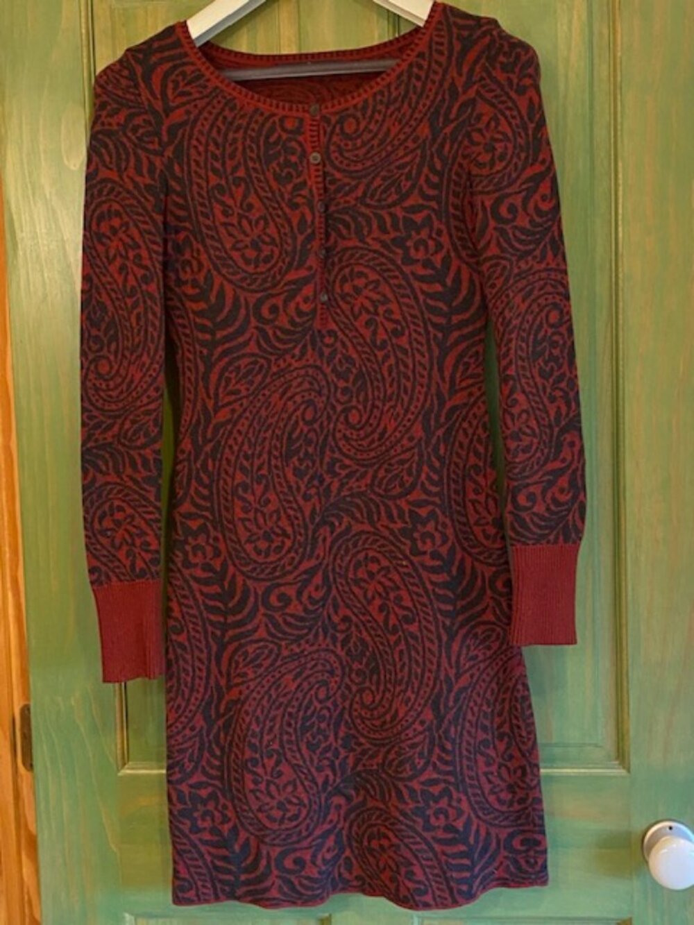 Peruvian Connection San Rafael Sweater Dress Small Red Black Pima Cotton Paisley